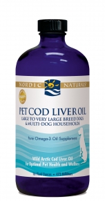 Pet Cod Liver Oil from Nordic Naturals will give your dog, or cat  healthier  looking fur and skin..